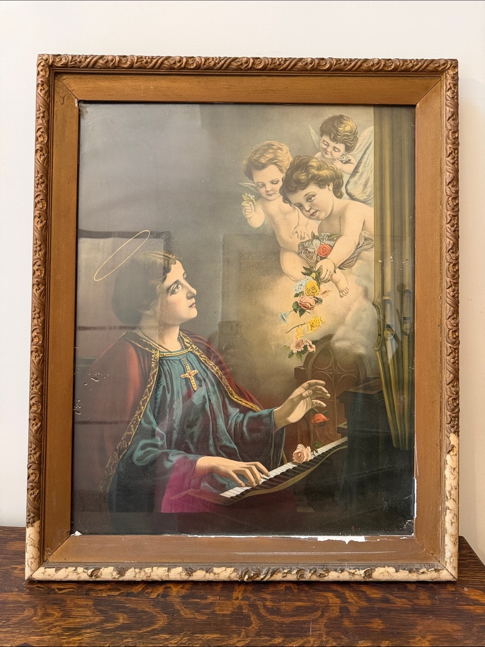 Vintage Religious Angel Art Print in Teal and Gold Frame